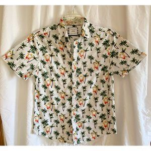 Denim & Flower Santa and Palm Tree Casual Button Up Short-Sleeve Shirt